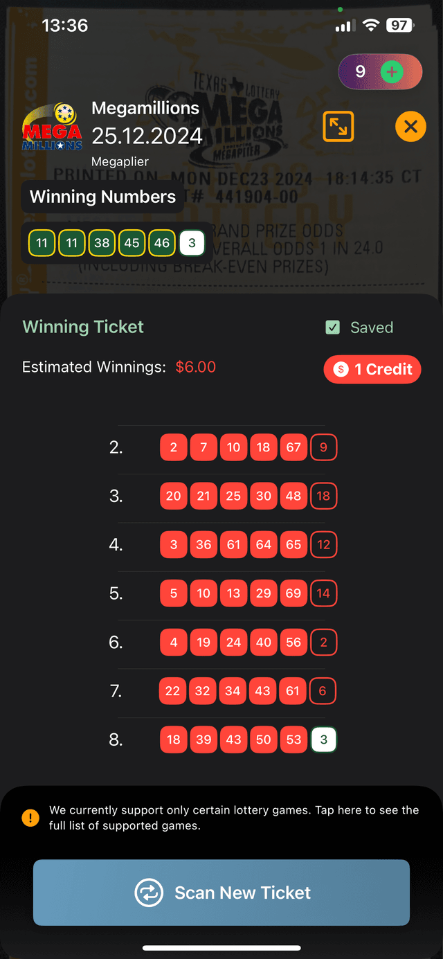 Ticket scan result with winning insights